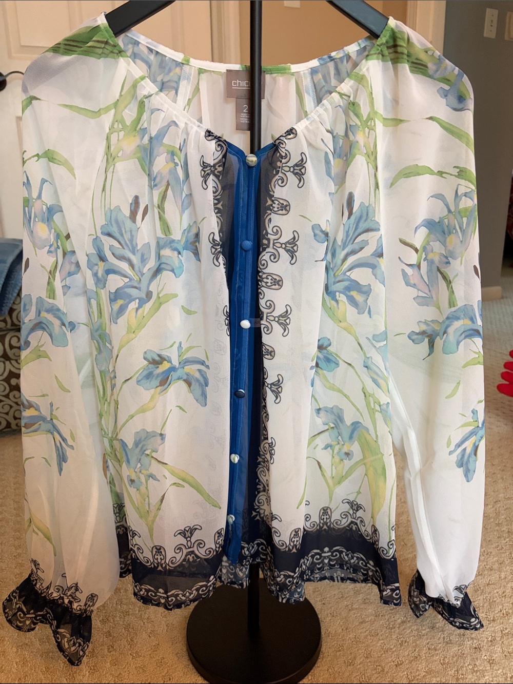 Chico's White Sheer Floral Button-Front Blouse with Blue and Green Print